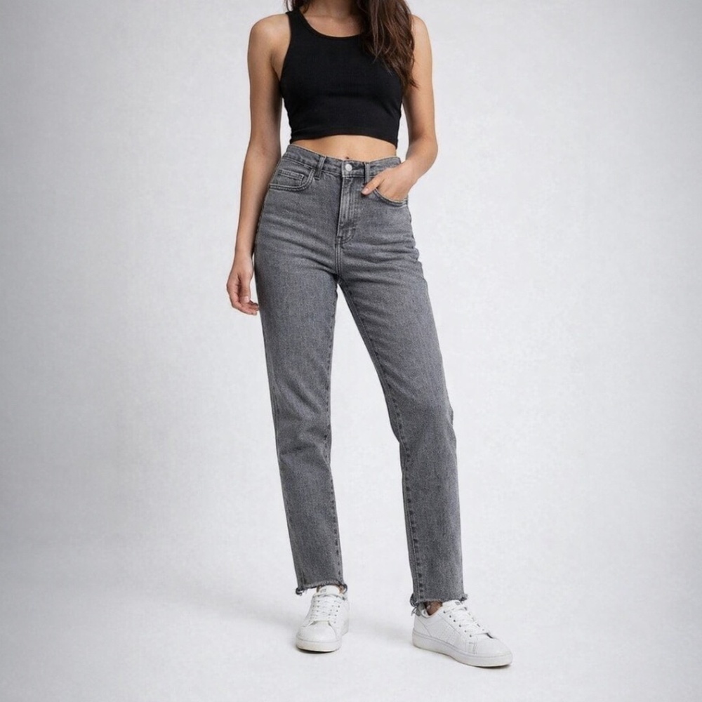Everlane High Rise Ankle Jeans Faded Black Frayed Hem